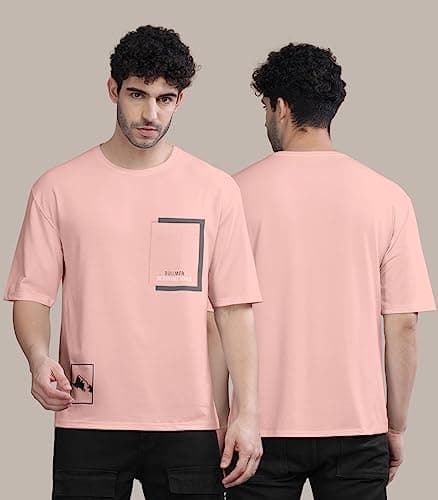 BULLMER Trendy Front Printed Oversized Round Neck T-Shirt for Men - Peach/Medium 2