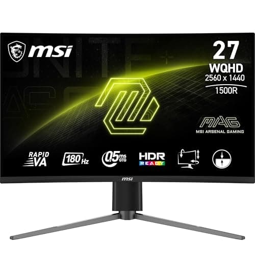 MSI MAG 27CQ6PF 27 Inch WQHD Curved Gaming Monitor - 1500R 2560 x 1440 Rapid VA Panel, 180 Hz / 0.5ms (GtG, Min.), Adaptive-Sync - DP 1.4a, HDMI 2.0b CEC