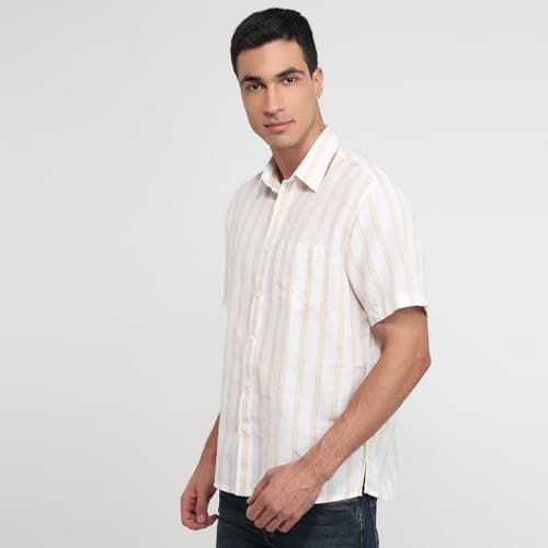 Colorplus Men Comfort Fit Stripe Pattern Linen Cotton Blend Plain Collar Half Sleeve Casual Shirt Yellow 2