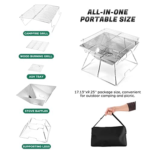 Odoland Folding Campfire Grill, Camping Fire Pit, Outdoor Wood Stove Burner, 304 Premium Stainless Steel, Portable Camping Charcoal Grill with Carrying Bag for Backpacking Hiking Travel Picnic BBQ 2