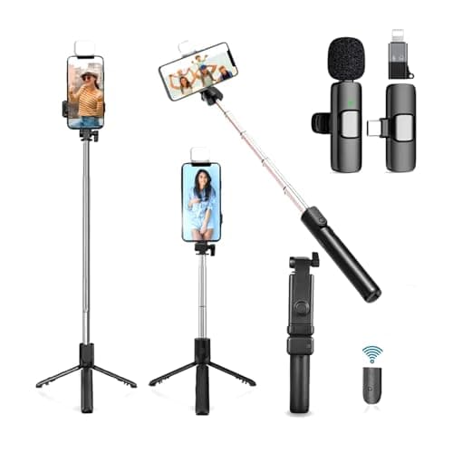 USTINE® SnapX1s Vlogging Kit with Fill Light & Wireless Mic | 3-in-1 70cm Extendable Selfie Stick Tripod with Bluetooth Remote + K8 Mic for YouTube, Reels & Vlogs (Android/iPhone)