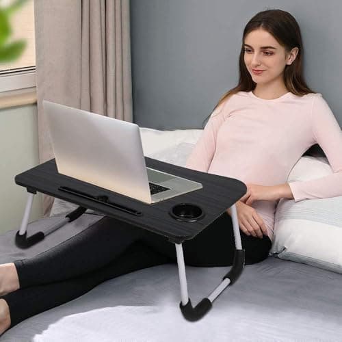 Foldable Wooden Mini Laptop Table for Bed, Smart Study Table with Drawer Kids & Adults (US-COTTEDS .Black.), 60cm, 40cm 4