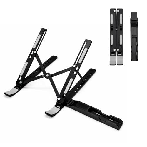 TARKAN 2 in 1 Portable & Foldable Aluminium Laptop Stand + Mobile Stand with Adjustable Height & Angle for Upto 15 Inch Laptops, MacBook, Phones (Black)