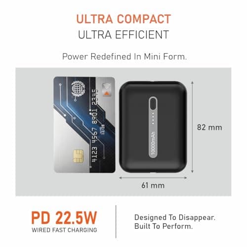 Muvtech Zip 10 Pocket Size 10000mAh Mini Power Bank, 22.5W Fast Charging, Dual Output USB-A & Type-C Ports, Compact Pocket Size, LED Indicators, Travel Friendly, Portable (Black) 3