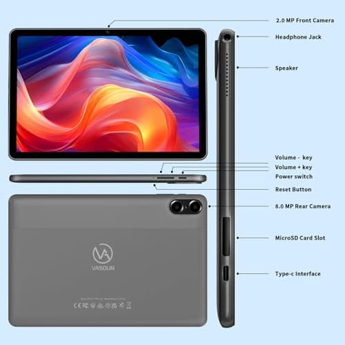 VASOUN Android 13 Tablet 10 Inch 8GB (4+4GB Expanded) RAM 64GB Storage 1TB Expandable WiFi 2.4/5G BT 5.0 Leather Case Keyboard Mouse Stylus Included (Gray) 2