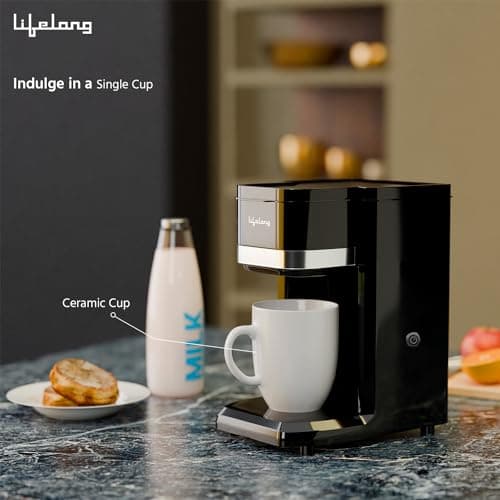 Lifelong Single Cup Coffee Maker- 350 W Coffee Machine for Single Serve, Rapid Coffee Brewer Technology with 125ml Ceramic Cup- Detachable Coffee Filter- Coffee Maker Machine for Home (Black,LLCMK910) 3