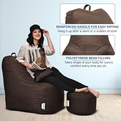 Amazon Brand - Solimo 4XL All Weather Water Resistant Lounger Bean Bag Combo with Footrest & Cushion, Filled with Beans | Multifunctional Pocket| Capacity: Upto 6'5'' Height, 125 KG Weight | Brown 5