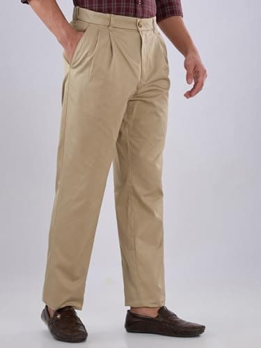 Colorplus Men Comfort Fit Twill Pattern Pure Cotton Double Pleat Casual Trouser Khaki 3