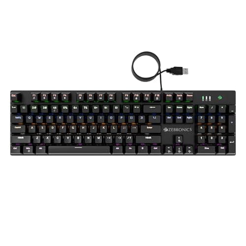 Zebronics Wired Mechanical Keyboard, Silent Linear Red Switches, 104 Keys, 12 Multimedia Keys, 26 Key Anti Ghosting, Double Shot Keycaps, 17 LED Modes, Multimedia Keys, 1.5m Cable (Max Ninja 100)