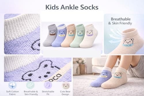ANESHA Daily Essential Kids Ankle Socks 5 Pairs Bear Cartoon Soft Cotton Breathable Pastel Age 1-3 Years 2