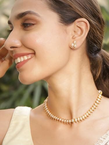 Rubans 22K Gold-Plated Handcrafted Artificial Jewelry Oval Choker Set with Pearl Studded And Matching Earrings For Women and Girls – Perfect for Weddings and Special Occasions 2