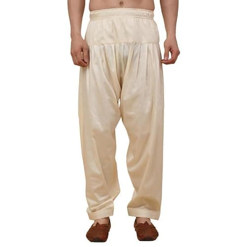 KRAFT INDIA Men's Silk Blend Beige Elastic Waistband Patiala Salwar For Kurta, Size- X-Large