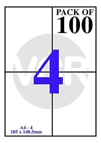 VCR A4 Size White Self Adhesive Label/Sticker for Printer (Inject/Copier/Laser) - 4 Sticker Per Sheet - 100 Sheets Pack 2