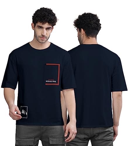 BULLMER Trendy Front Printed Oversized Round Neck T-Shirt for Men - Navy Blue/X-Large