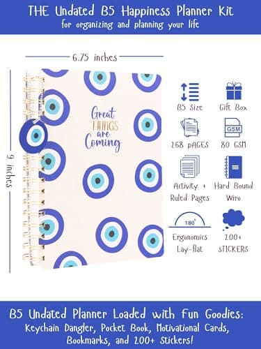 Doodle Happiness Planner B5 | Wiro Bound Undated Planner with 268 Pages, To-Do Lists, Activity Pages, Tear Away Note & Quote Cards | 64-Page Pocket Book, 250+ Stickers & Free Premium Gift Box, 80 GSM 2