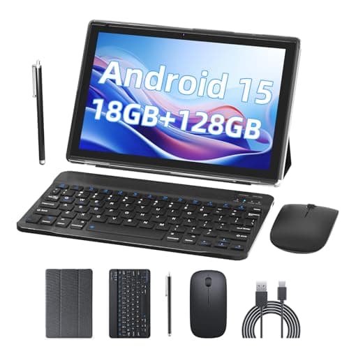 PEICHENG Android 15.0 10Inches Tablet, 18GB RAM+128GB ROM+2TB Expandable, Tab Set with Keyboard/Case/Mouse/Stylus, 2.0GHz Quad-core Processor, 1280 * 800 IPS HDScreen, 5G WiFi6 BT 5.0 (Black)