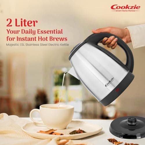 Cookzie Majestic 2.0 Ltr Electric Kettle | 1500-Watt Kettle with Stainless Steel Body for Boiling | Portable, Cordless Operation | Auto Switch-off Mechanism | 1-Yr Warranty, Silver 2