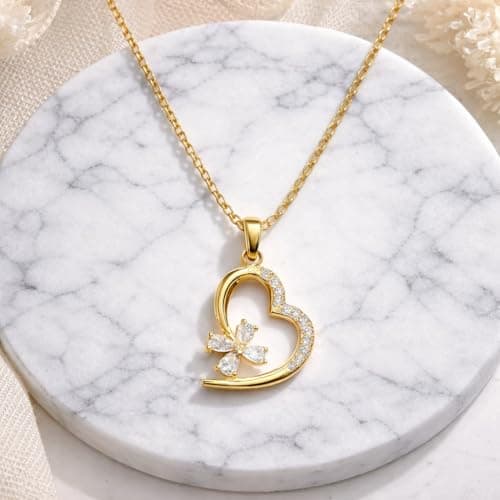 MEENAZ Jewellery Gold Heart Pendant Necklace for Women | Butterfly AD Stone Love Charm Locket | Adjustable Chains | Stylish Necklace Set | Anti Tarnish |Valentine Gift for Girls Woman Girlfriend 6