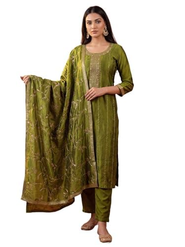 INDO ERA Women's White Pure Cotton Floral Printed Flared Fusion Kurta & Pant with Dupatta Set
