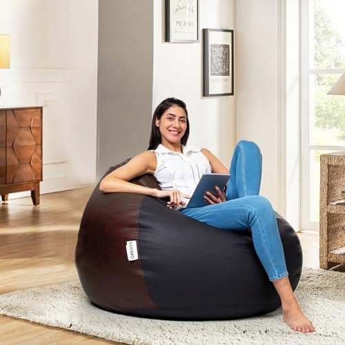 Amazon Brand - Solimo 4XL Bean Bag Cover Without Beans, Faux Leather Classic Bean Bags Cover with Handle & Zipper, Bean Bag Cover for Living Room & Bedroom (Black & Brown)