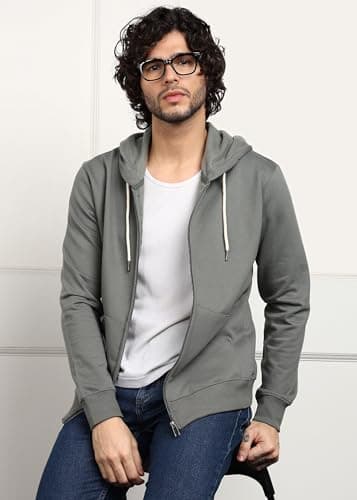 Alan Jones Clothing Men's Solid Hooded Sweatshirt | Zip-Up Hoodie Jacket with Kangaroo Pocket, Drawstring Hood & Ribbed Hem | Casual Winterwear (Dark Sage_L) 4