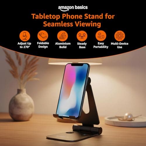amazon basics Aluminum Adjustable Mobile Phone Foldable Tabletop Stand Dock Mount for All Smartphones, Tabs, Kindle, iPad (Black) 2