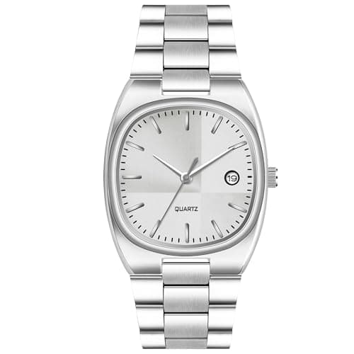 Acnos Minimalist Silver Square Dial Analog Watch for Men – Slim Case Design with Day & Date Display, Stainless Steel Strap