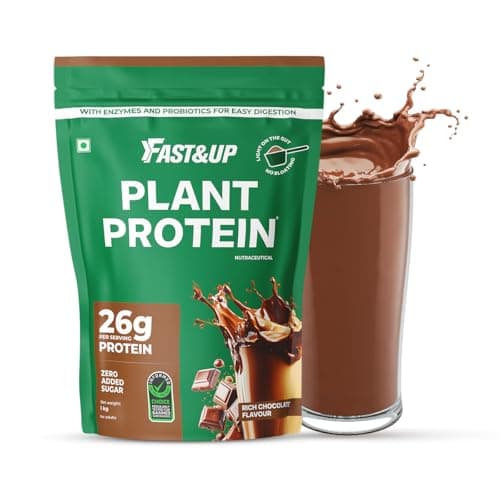 Fast&Up Plant Protein Powder with Rich Chocolate Flavour | Pea Isolate & Rice Protein | 26gm Protein Per Serve | Complete Amino Acids with 4.6g BCAA | Smooth & Tasty with No Added Sugar | Easy to Dige