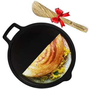 The Indus Valley Super Smooth Cast Iron Tawa with Free Wooden Spatula for Dosa/Chapathi | 27.6cm/10.8 inch, 2.8kg | Induction Friendly | Naturally Nonstick, 100% Pure & Toxin-Free