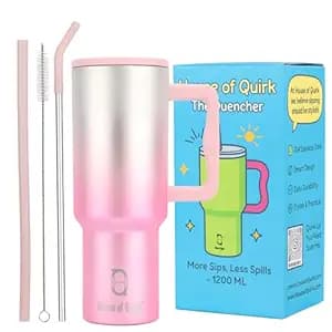 House of Quirk 1200ML Stainless Steel Tumbler with Handle & Lid, 2 Straws – Large Travel Mug Water Cup for Gym, Office & Outdoor Use (Electric Pink)