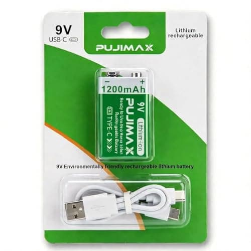 PUJIMAX® 9V Rechargeable Battery 1200mAh — High‑Capacity Lithium‑Ion with USB‑C Charger Cable, Long Life (1200+ Cycles), 10‑Year Shelf Life, Reliable 9V Output — 1‑Pack