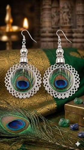 Peacock Feather Design Silver Dangle Earrings for Women, Ethnic Boho Drop Style, Traditional Statement Jewelry for Festive and Casual Wear 3
