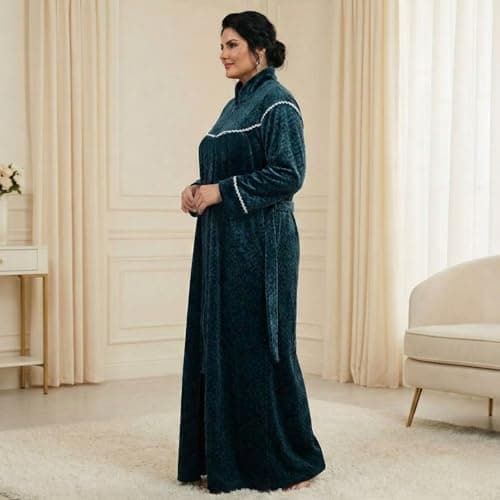 Stretchable Velvet Winter Maxi Nighty for Women – Ultra-Soft Warm Full Sleeve Long Nightwear Gown | High Neck Zip Style Nightdress | Winter Wear | Plus Size Nighty (6XL) Teal Blue 4