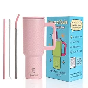 House of Quirk 1200ML Stainless Steel Tumbler with Handle & Lid, 2 Straws – Large Travel Mug Water Cup for Gym, Office & Outdoor Use (Peach Sun)