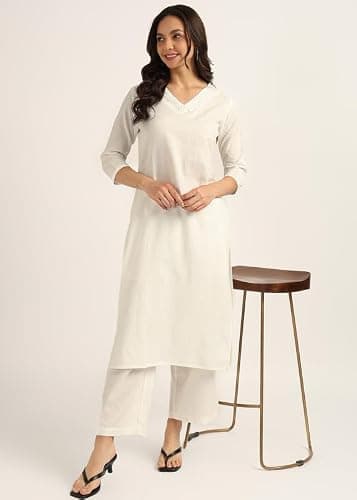 BLOCKS OF INDIA Women Cotton Solid Straight Kurta Set | Hand-Stitched Neck Details with Pintucks | Comfortable Pants with Pockets, Elastic Waist & Drawstring Fit(White XX-Large) 3