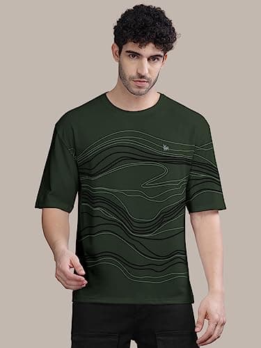BULLMER Trendy Front Printed Oversized Round Neck T-Shirt for Men - Dark Green/Large 4