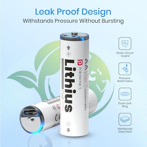 Portronics AA Lithius Type C Rechargeable Batteries, Pack of 2, Lithium Ion Cell Composition, Upto 1480mAh Capacity, Low Self Discharge, No Separate Charger Required (White) 4