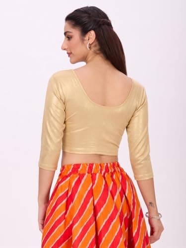 Plus Size Round Neck Stretchable Shimmer Blouse Gold 3/4th Sleeve 2