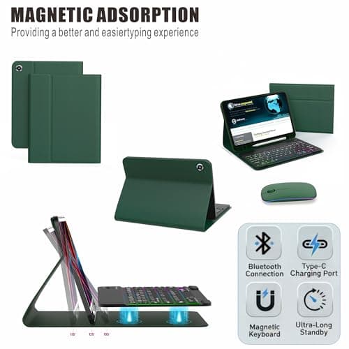 Case Keyboard for 10.9inch Samsung Galaxy Tab A9+ Plus 2023/A11+ Plus 2025,Includes Mouse and 7 Color Rainbow Backlight Magnetic Keyboard,Premium PU Leather Cover with Auto Sleep/Wake,Midnight Green 5