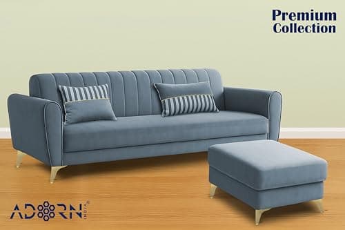 Adorn India Premium Luster 4 Seater L Shape Sofa Set | Velvet Suede Fabric | 3-Year Warranty | Color Grey with Golden Legs & Striped Pattern Cushion 3