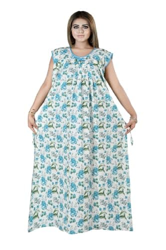 Bejod's Collection Women Sleeveless Cotton Nighty Maxi | Plus Size Full Length Nightwear Night Gown XXL to 4XL Best for Summer Blue