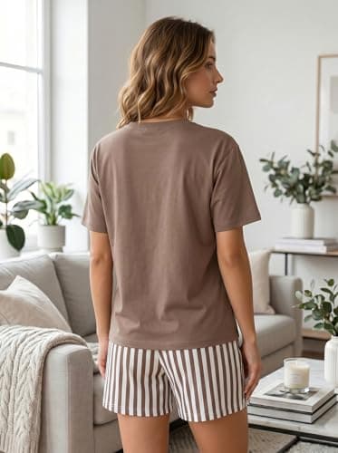 HELLCAT Women Co-ords Loungewear & Sleepwear Set | Relaxed Fit Round Neck Graphic Print Top with Striped Shorts | Breathable Cotton Blend Nightwear, Night Dress, Lounge Wear, Summer Homewear Brown 2
