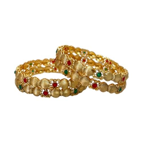 ACCESSHER Gold Plated Pink & Green Artificial Stone-Studded Bangles for women and girls (Set of 4) (2.6)