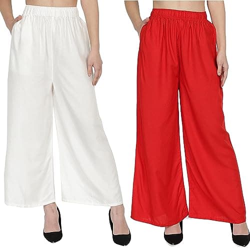 BUBLEE Rayon Plazo Pants for Women & Girls Regular Fit Plazo Combo Set of 2 - White & Red