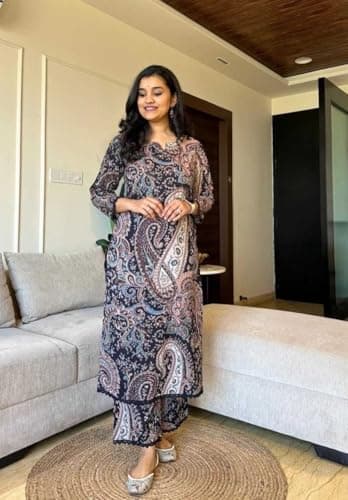 JEENAX_INDIA CREATION'S Women's Cotton Printed Straight Kurti with Pant Two Piece Co-ord Set (Black-XXL) 4