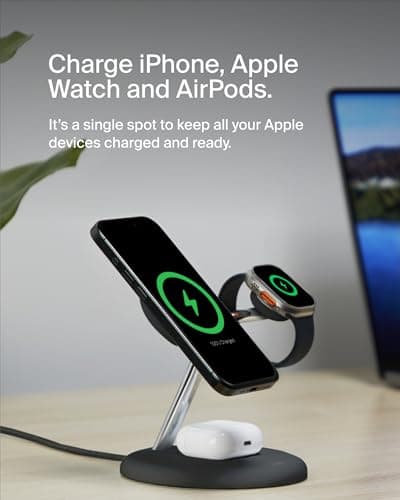Belkin MagSafe 3-in-1 Qi2 Wireless Charger Stand 15W | Fast Charging iPhone Charger for iPhone 16, 15, 14 & 13 Series, AirPods, & Apple Watch | 36W Charger Included | Black 4