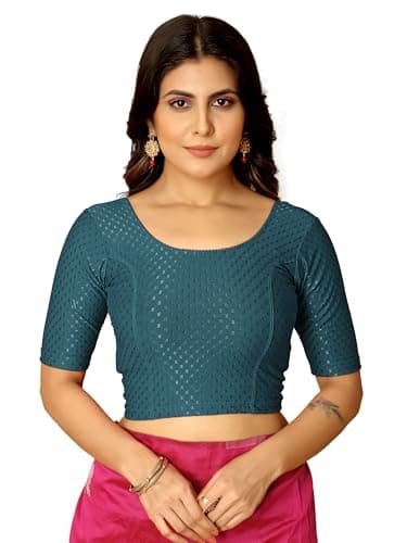 Amazon Brand - Anarva Round Neck Dobby Cotton Lycra Stretchable Elbow Sleeve Readymade Saree Blouse for Women Stylish (Cotton-dobbi-Teal-Blue-XL)