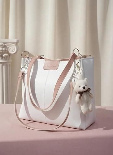 FAIZON Luxury Women’s Shoulder Handbag | Elegant PU Leather Tote with Chain Strap | Stylish Daily Use Purse for Office, College & Casual Outings (White/Peach) 2