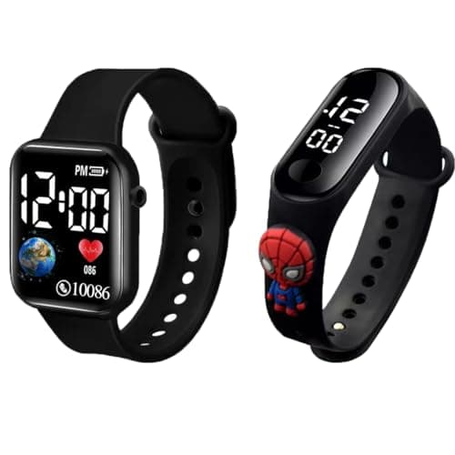 GOLDENIZE FASHION Stylish Waterproof Kids Digital Date and Time Touch Black Pink Square Rectangular LED Display Watch for Kids Unisex Digital Watch for Baby Boys & Girls Kid | Pack of 2 (Black)