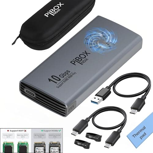 PiBOX India NVME M2 Enclosure Fan, SSD Enclosure - USB 3.2 10Gbps, Tool-Free M.2 NVMe Case, PCI-E NVMe Reader, USB-C, Supports M & B&M Keys, 2230/2242